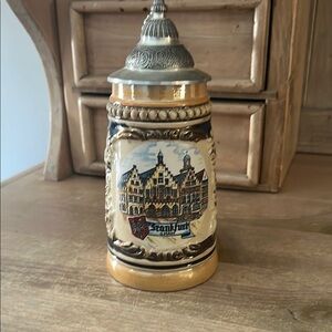 Ceramic German Beer Stein Frankfurt Roemer Design Pewter Lid Alpine Schnapps